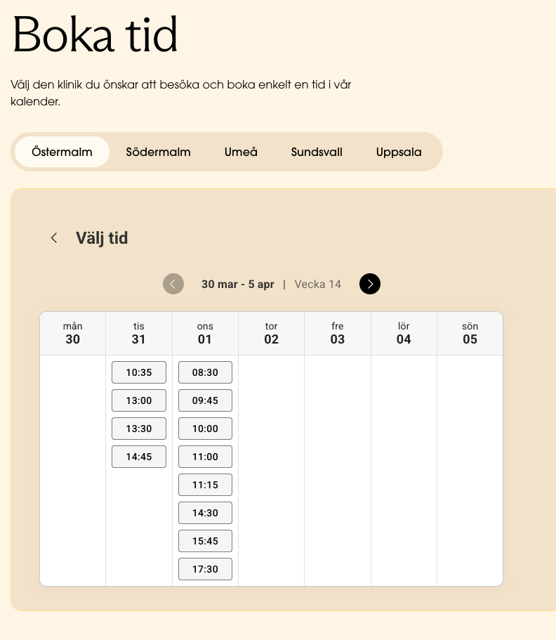 HLTHY webbokning – veckokalender med tillgängliga tider för bokning