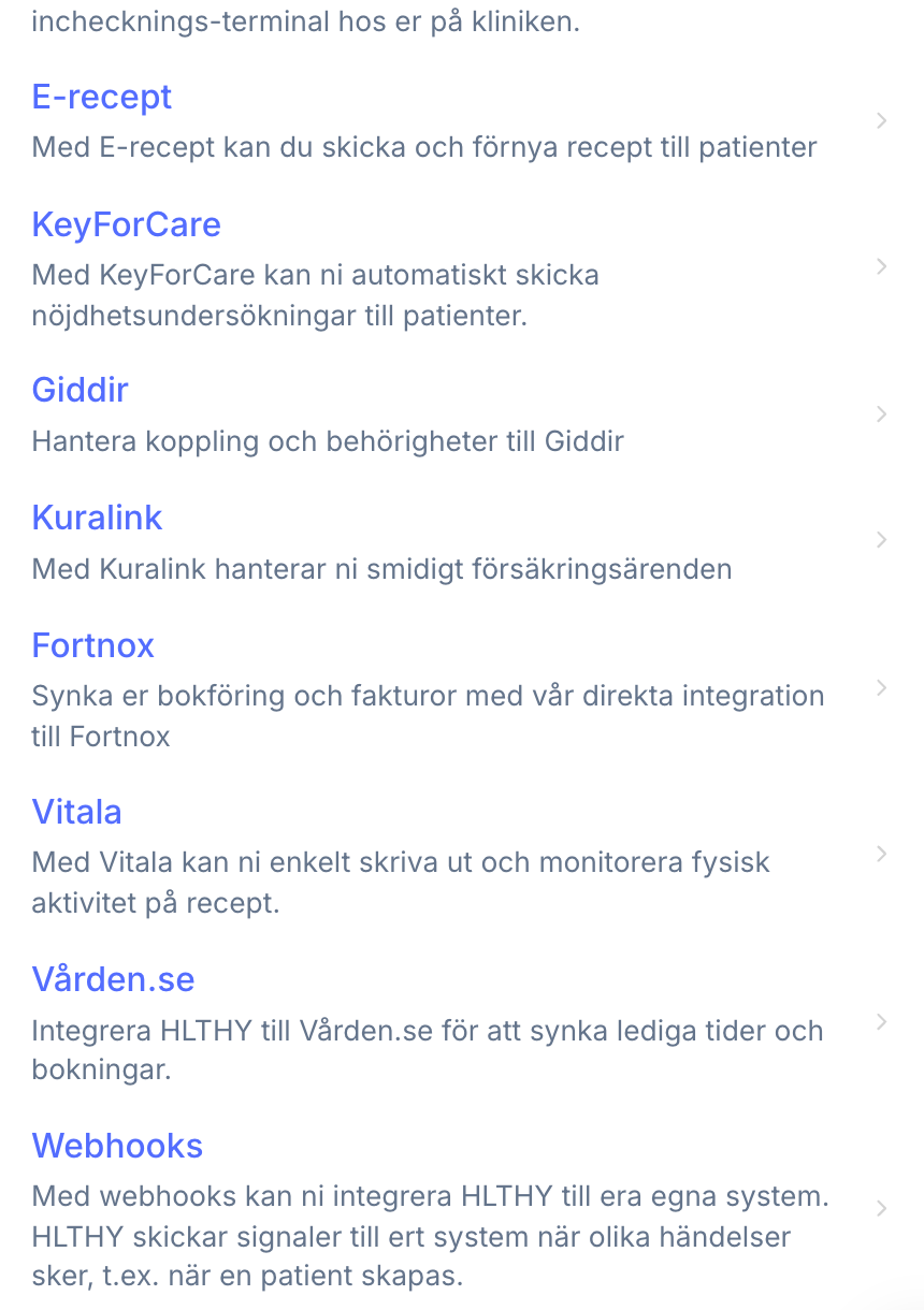 HLTHY integrationer – Giddir, Kuralink, Fortnox, Vitala, Vården.se, Webhooks
